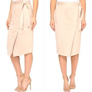 EUC Ivanka Trump blush/nude faux suede wrap tie midi skirt size 8